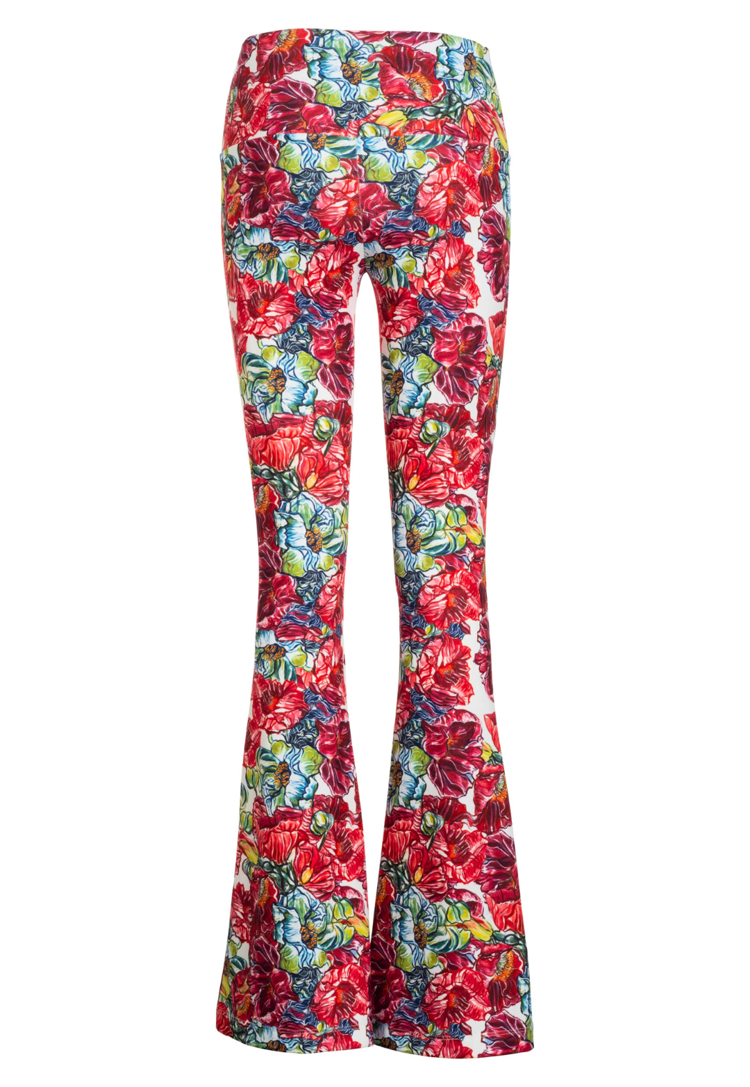 Image of the back of stretch knit pants in a red floral print by designer Ala von Auersperg for womens luxury travel clothing