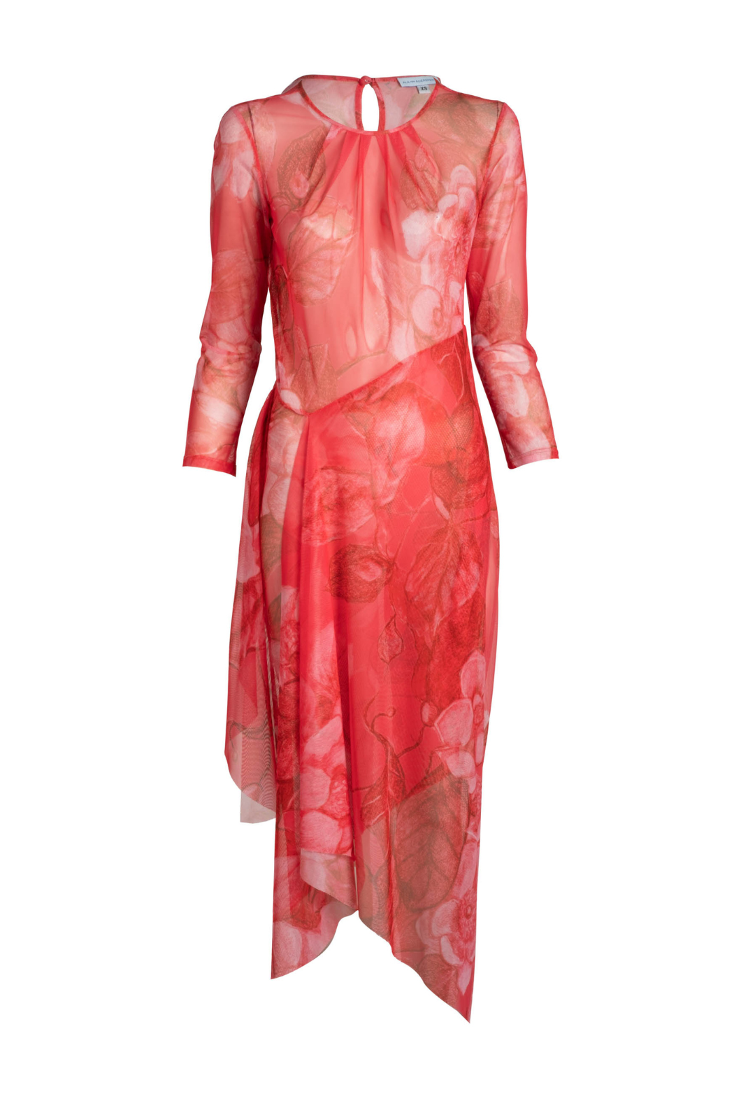 Flat image of a sheer mesh wrap dress in a red floral rose print by designer Ala von Auersperg for women's luxury clothing