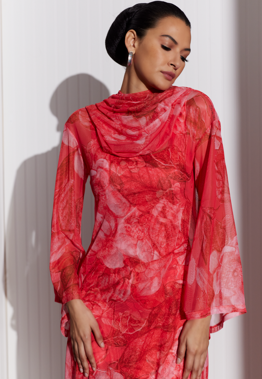 Ava Women's Karla Sheer Hoodie Gown in Coral Grandiflora XXL