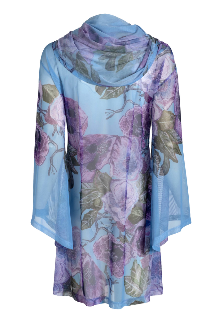 Flat image of a sheer mesh hoodie in a purple floral print by designer Ala von Auersperg for womens luxury travel clothing