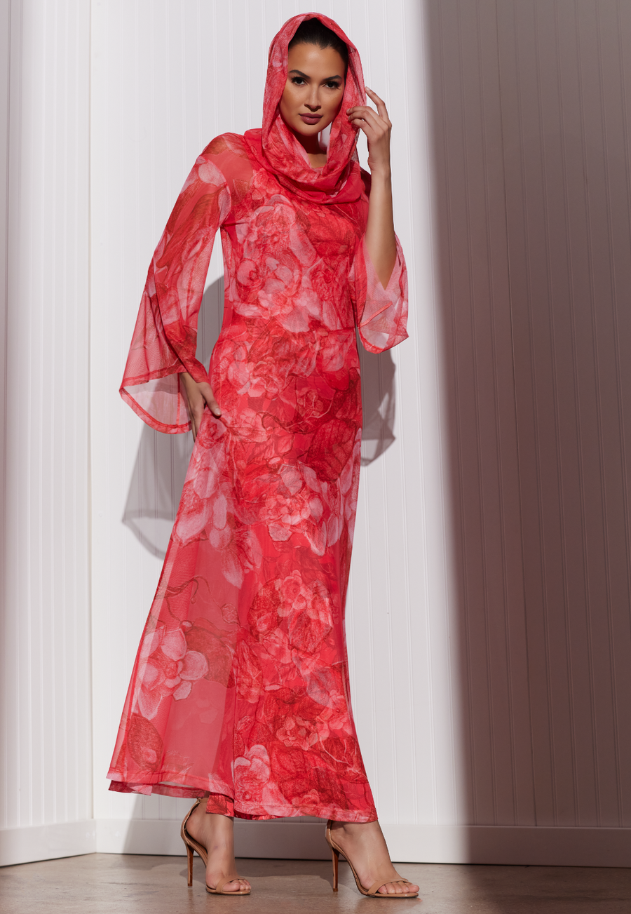 Ava Women's Karla Sheer Hoodie Gown in Coral Grandiflora XXL Ava Women's Karla Sheer Hoodie Gown in Coral Grandiflora XXL