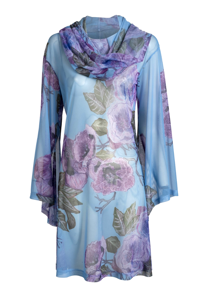 Flat image of a mesh hoodie in a purple floral print by designer Ala von Auersperg for womens luxury travel clothing