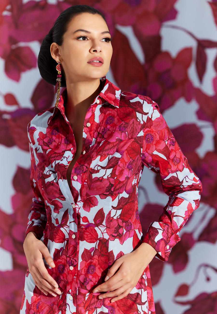 AvA Women's Kathe Cotton Shirtdress in Raspberry Grandiflora 0