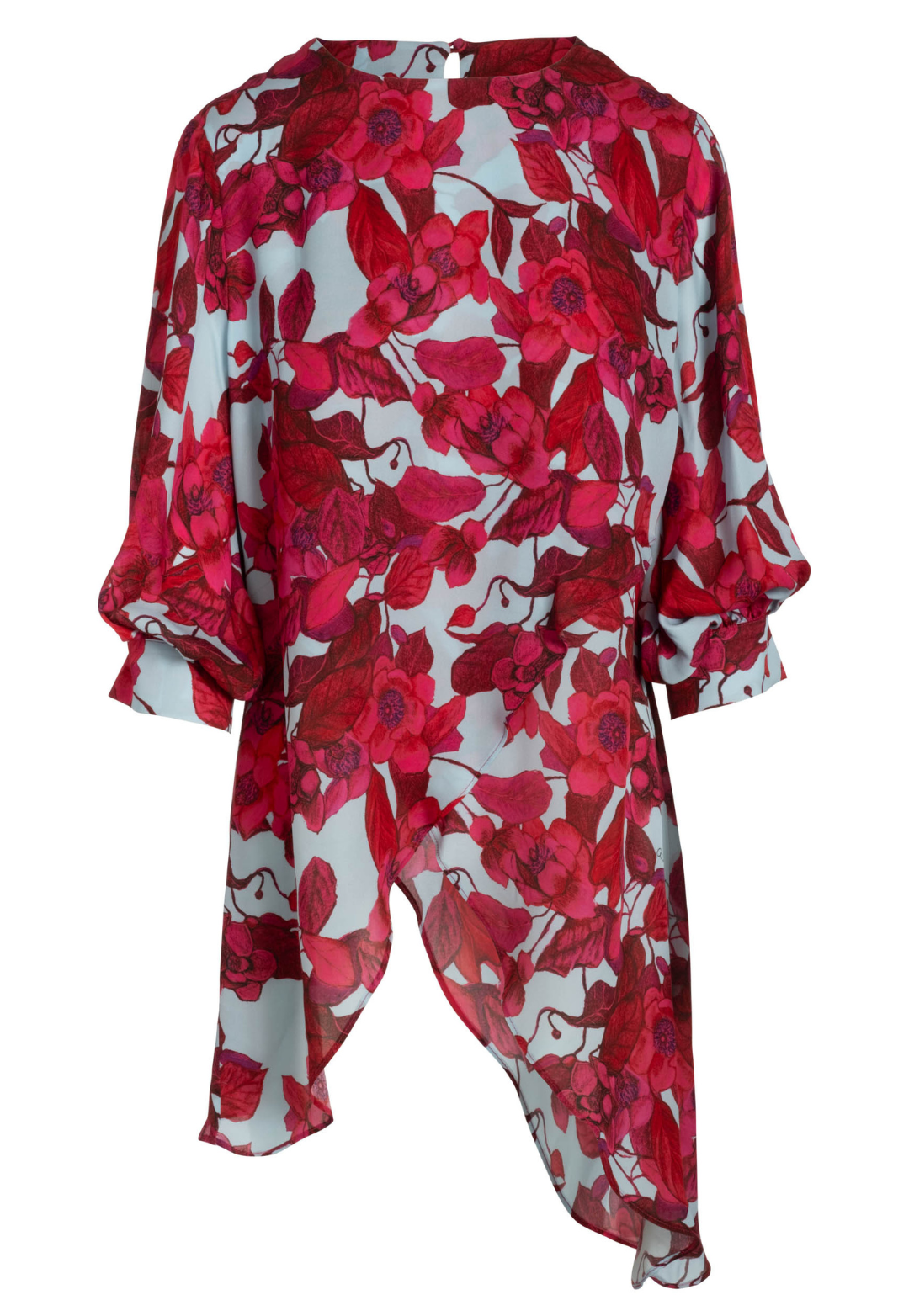 Flat image of a silk blouse in a red floral print with a blue background by designer Ala von Auersperg for womens luxury travel clothing