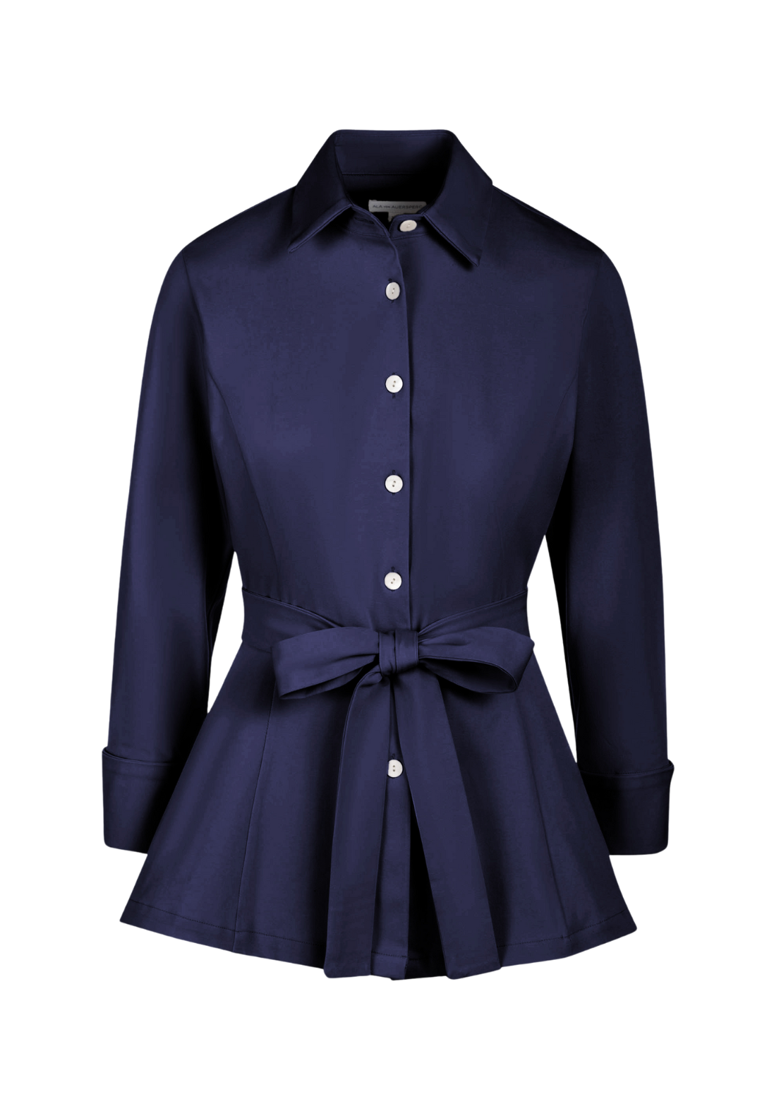 Navy blue peplum blouse by designer Ala von Auersperg for womens luxury travel clothing