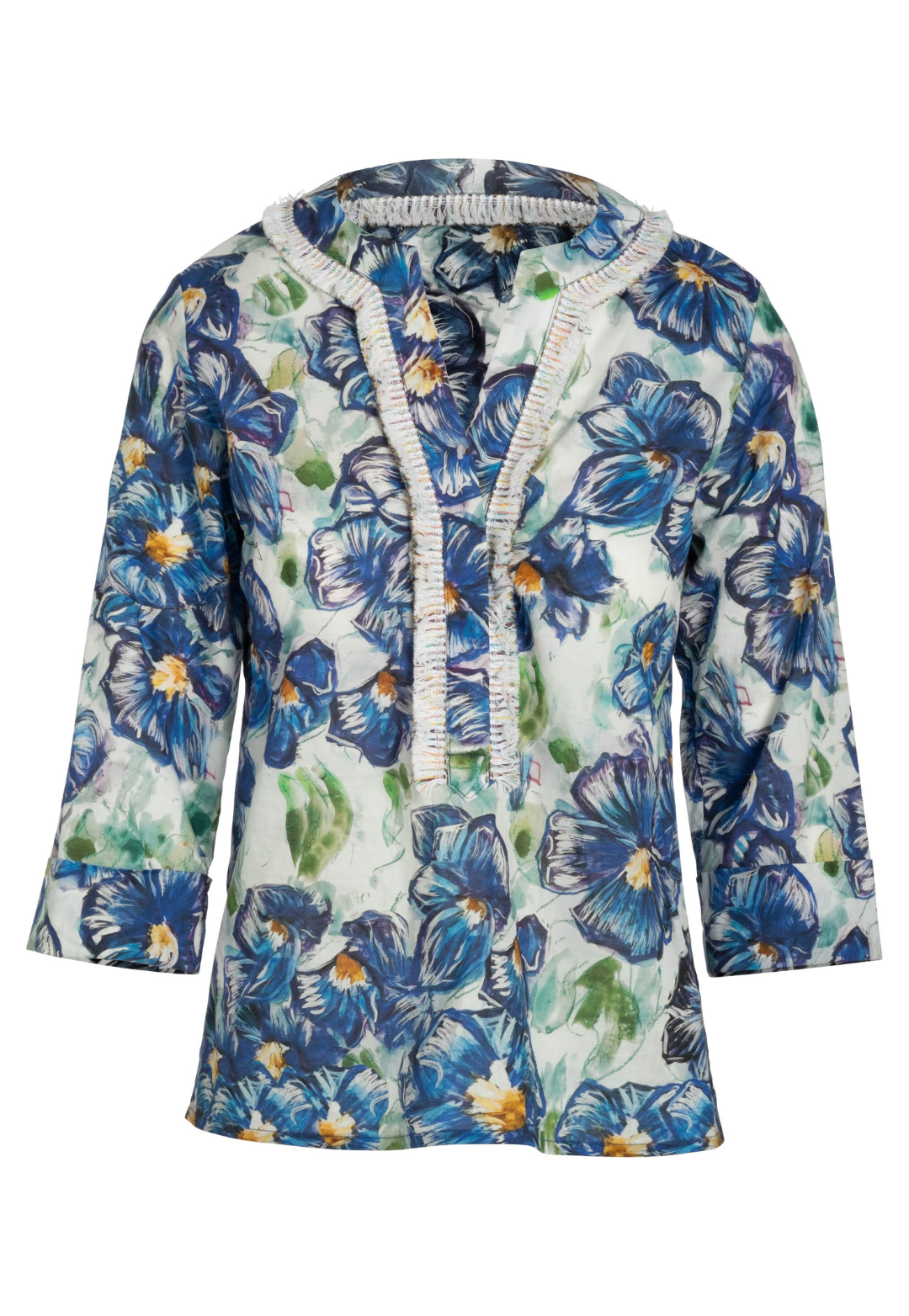 Flat image of a cotton tunic with a fringe trim in a blue floral print by designer Ala von Auersperg for womens luxury travel clothing