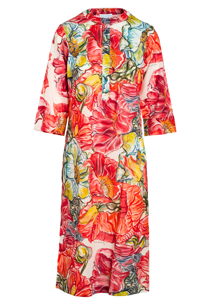 Flat image of a long red floral printed cotton tunic by designer Ala von Auersperg for womens luxury travel clothing