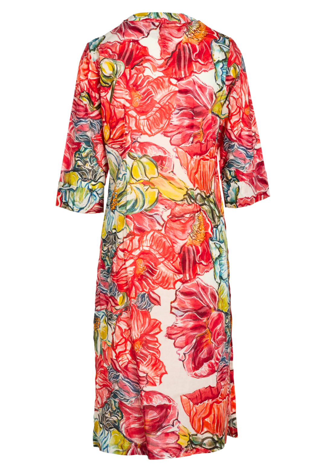 Image of a long cotton tunic in a red floral print by designer Ala von Auersperg for womens luxury travel clothing