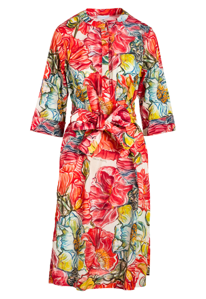 Image of a cotton long tunic with a matching sash in a red floral print by designer Ala von Auersperg for womens luxury travel clothing