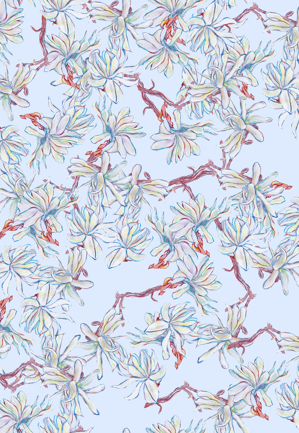 Blue and white magnolia flower print by designer Ala von Auersperg for womens luxury printed travel clothing