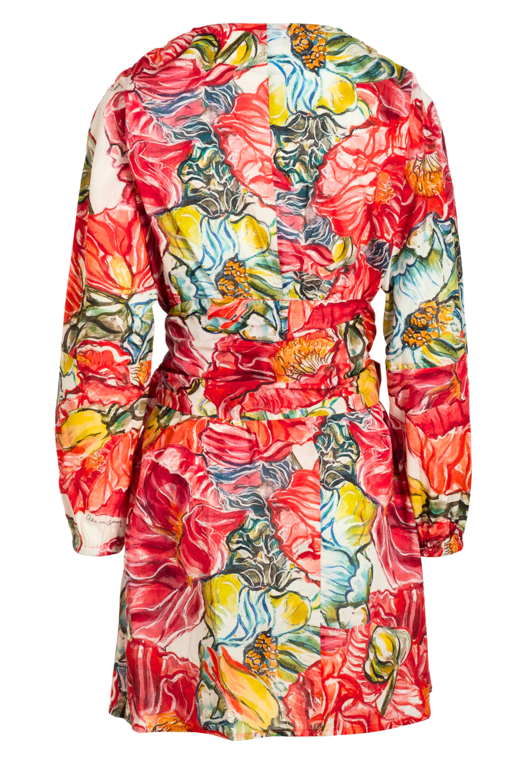 Image of a short cotton dress in a red floral print by designer Ala von Auersperg for womens luxury travel clothing