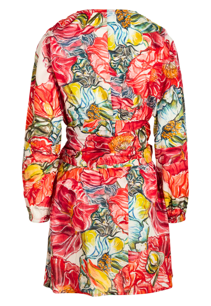 Image of a short cotton dress in a red floral print by designer Ala von Auersperg for womens luxury travel clothing