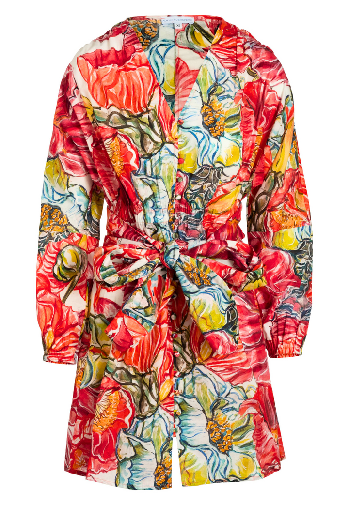 Flat image of a red floral printed cotton short dress with matching sash by designer Ala von Auersperg for womens luxury travel clothing