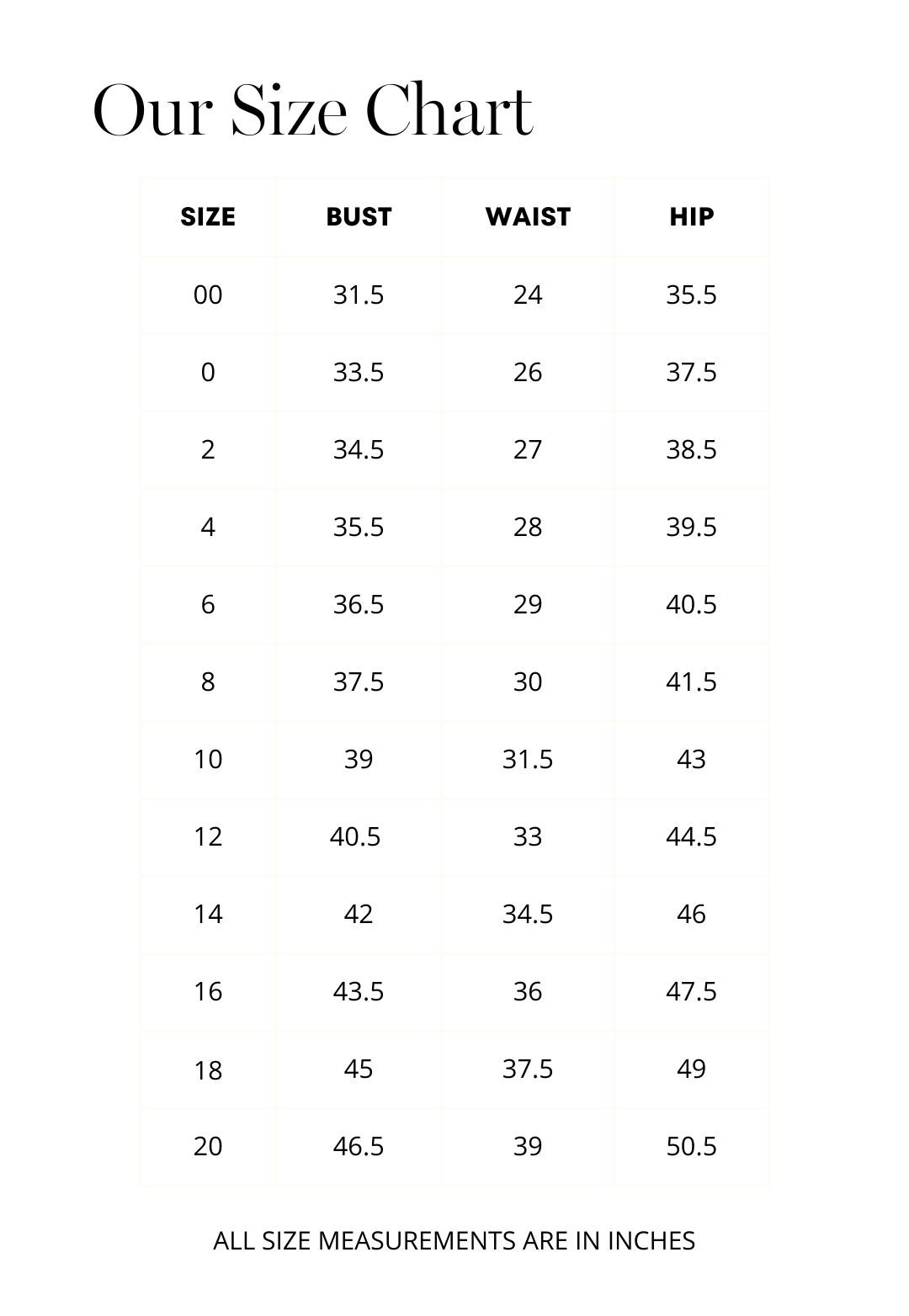 Size chart for dresses by designer Ala von Auersperg for womens luxury travel clothing