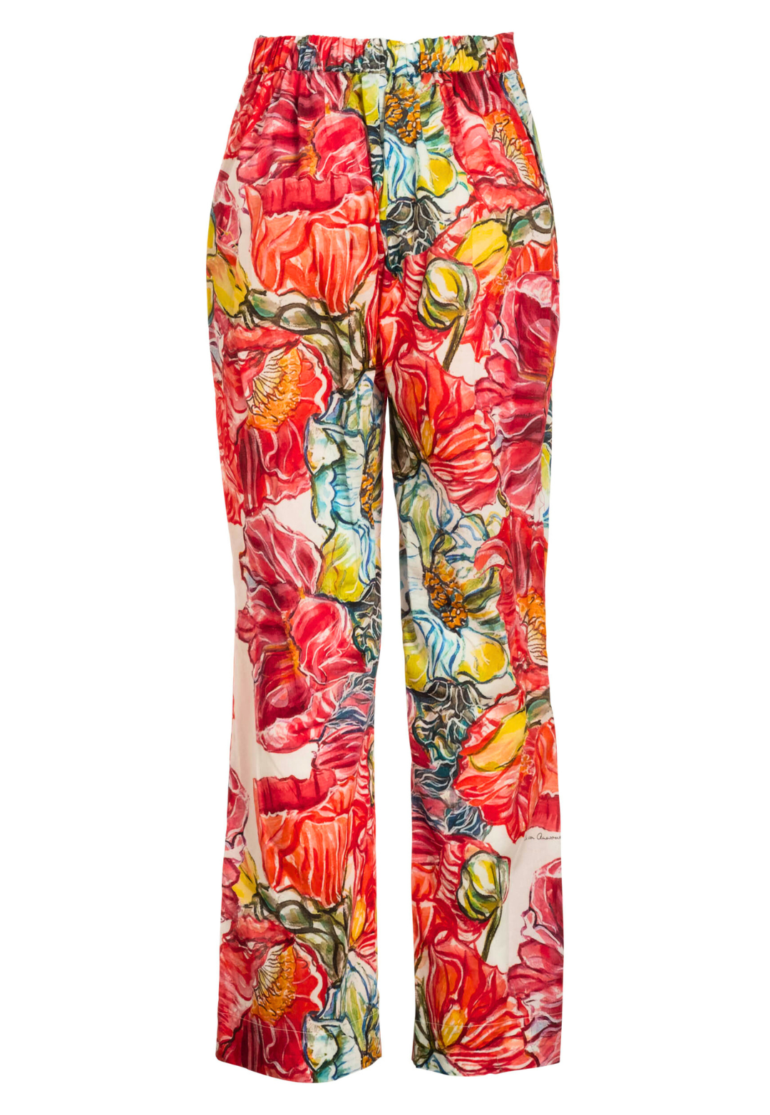 Flat image of a cotton pant in a red floral print by designer Ala von Auersperg for womens luxury travel clothing