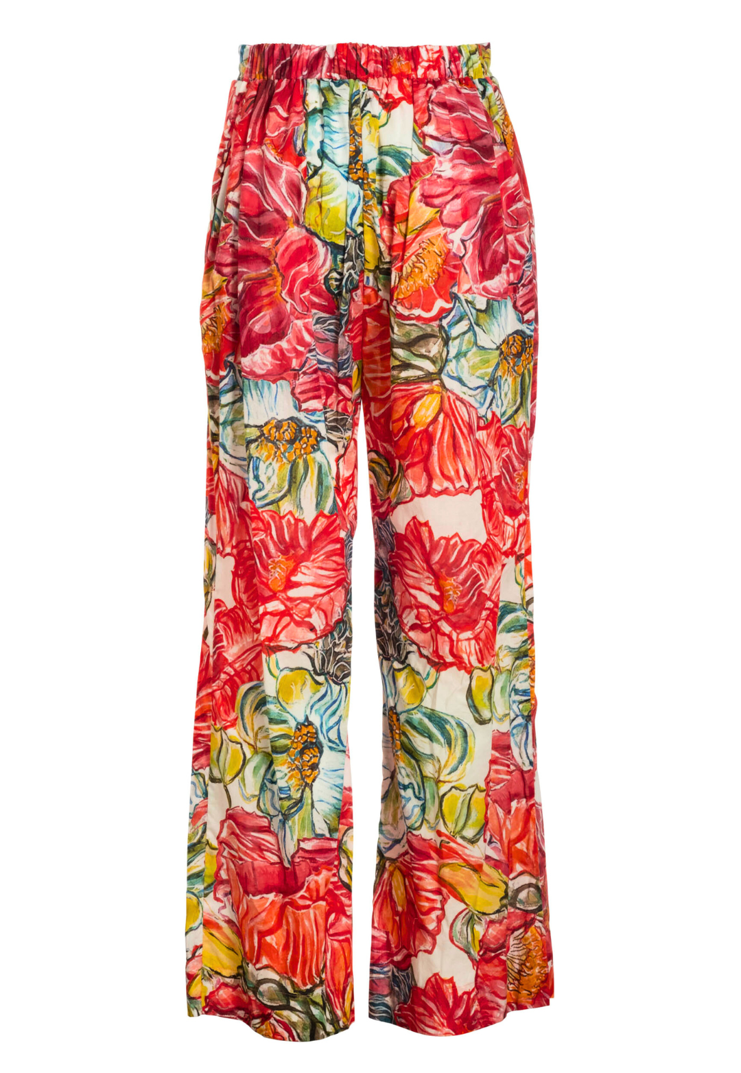 Image of a straight leg cotton pant in a red floral print by designer Ala von Auersperg for womens luxury travl clothing