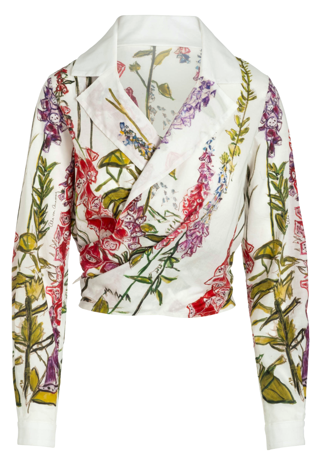 Flat image of a cotton wrap top in a white floral print by designer Ala von Auersperg for womens luxury travel clothing