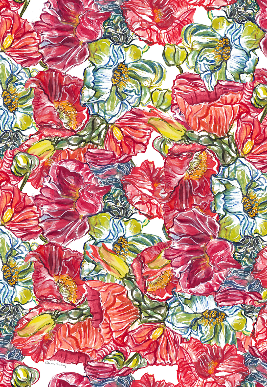 Print swatch of red and green ranunculus flowers by designer Ala von Auersperg for womens luxury travel clothing