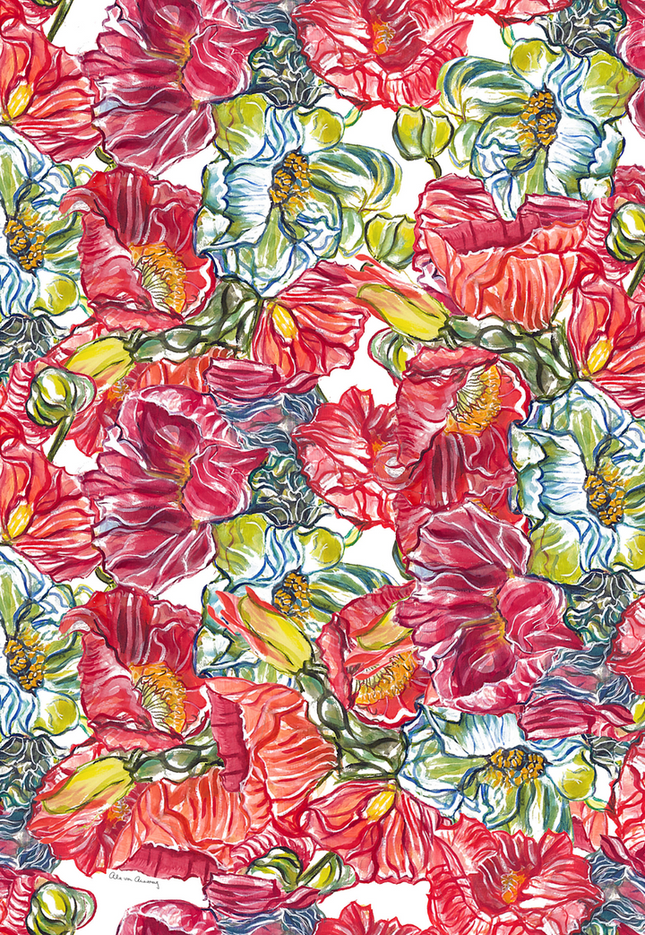 Print swatch of red and green ranunculus flowers by designer Ala von Auersperg for womens luxury travel clothing