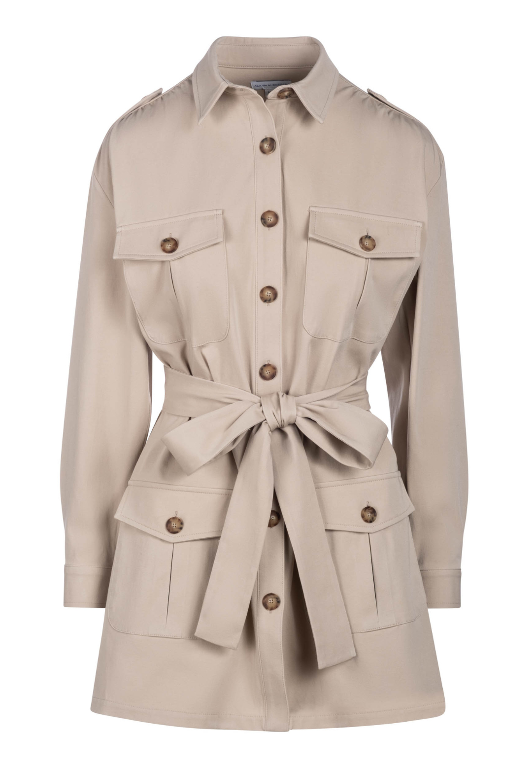 Khaki cotton safari jacket with belts and pockets by designer Ala von Auersperg for womens luxury travel clothing