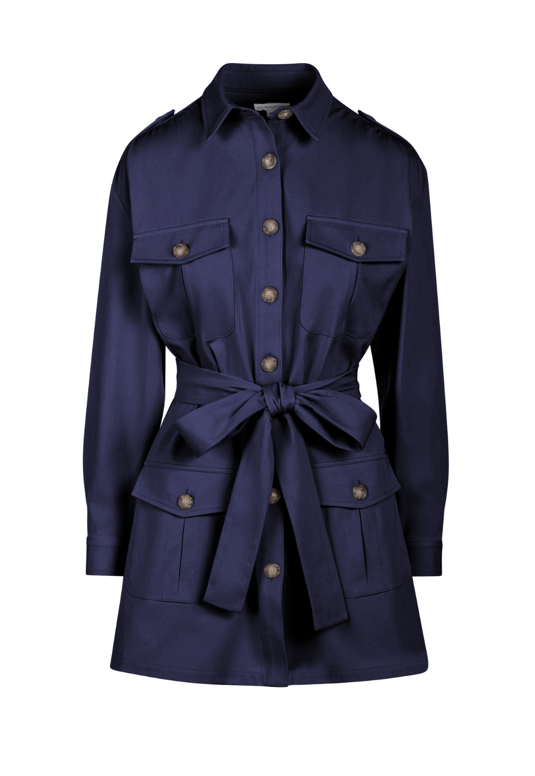 Image of a navy cotton safari jacket by designer Ala von Auersperg for womens luxury travel clothing