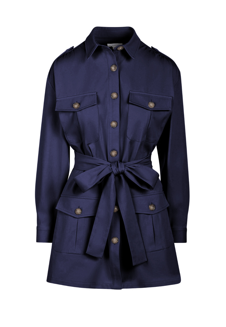 Image of a navy cotton safari jacket by designer Ala von Auersperg for womens luxury travel clothing