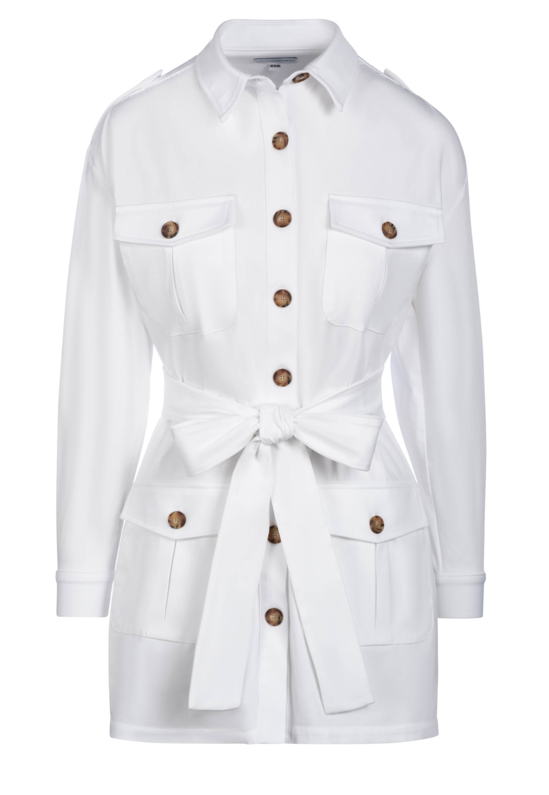 White cotton safari jacket with belt by designer Ala von Auersperg for womens luxury travel clothing