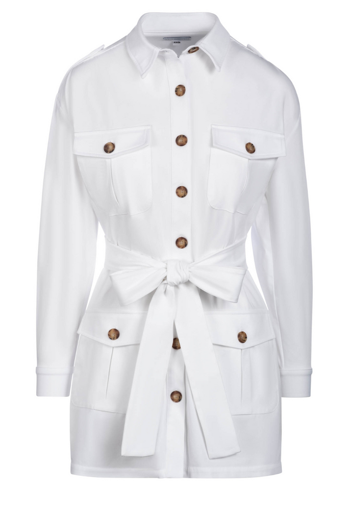 White cotton safari jacket with belt by designer Ala von Auersperg for womens luxury travel clothing