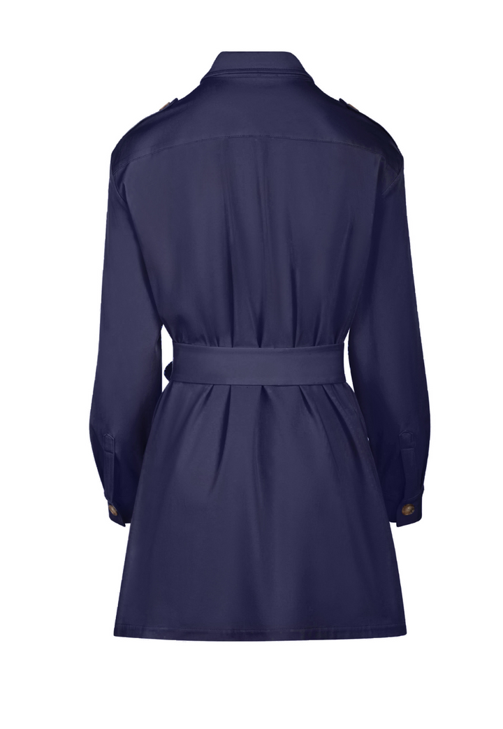Image of a navy blue safari jacket by designer Ala von Auersperg for womens luxury travel clothing