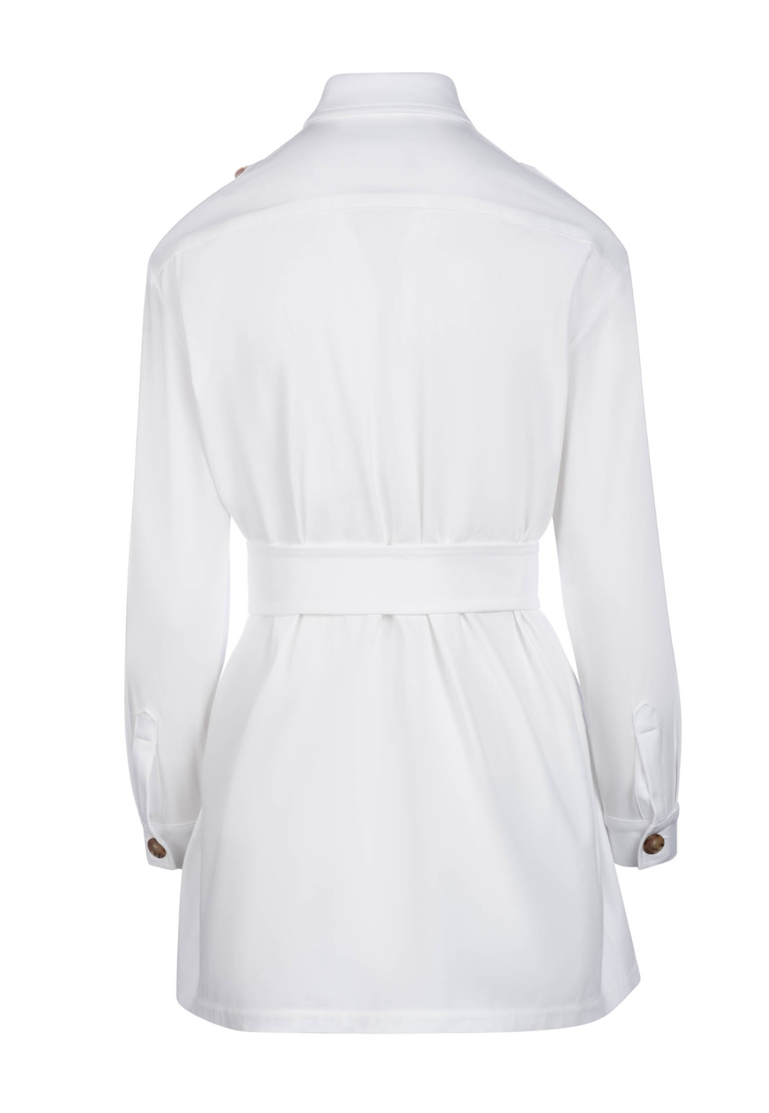 White cotton safari jacket with a belt by designer Ala von Auersperg for womens luxury travel clothing