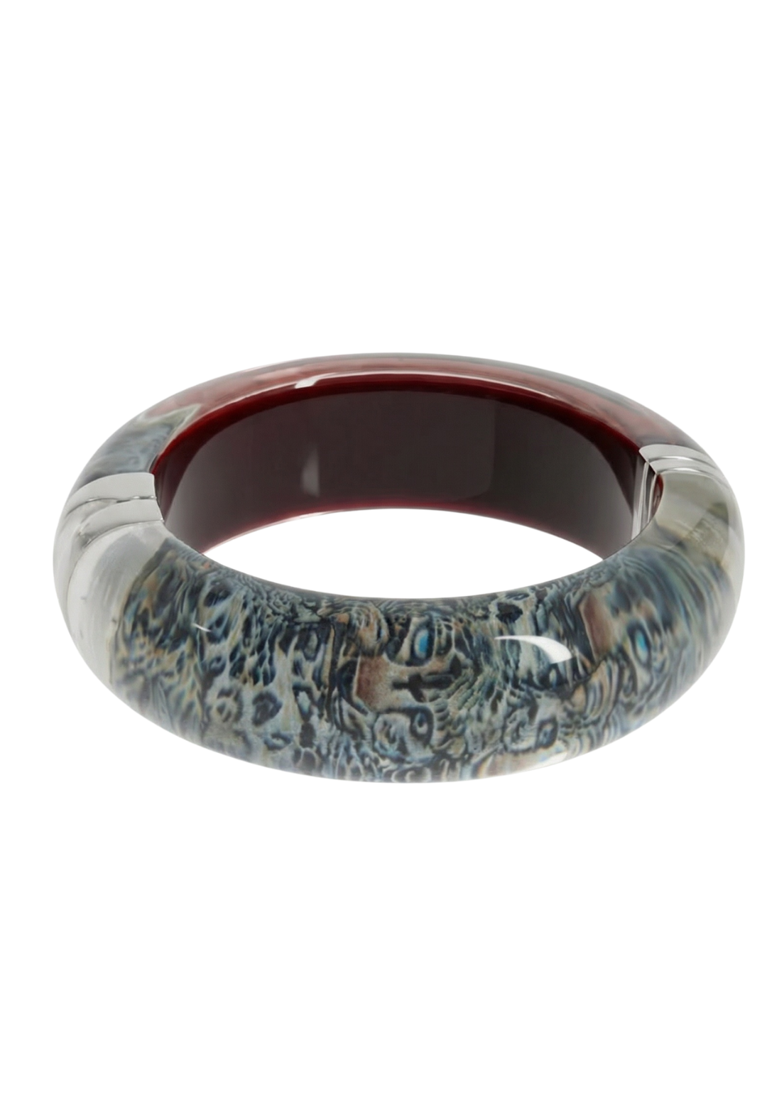 Snow Leopard lucite bangle bracelet with silver hardware