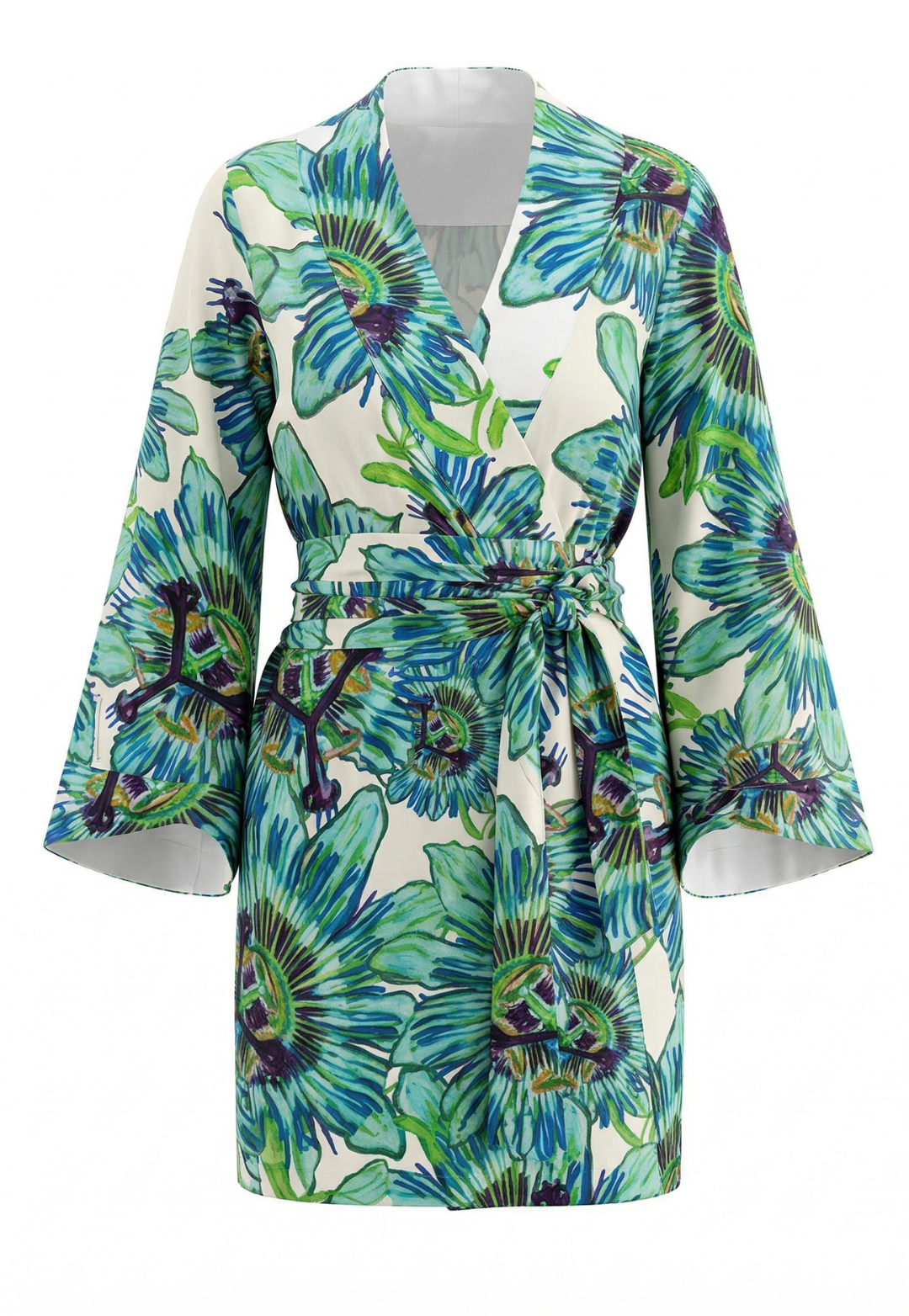 Floral patterned kimono with green and blue flowers on a white background