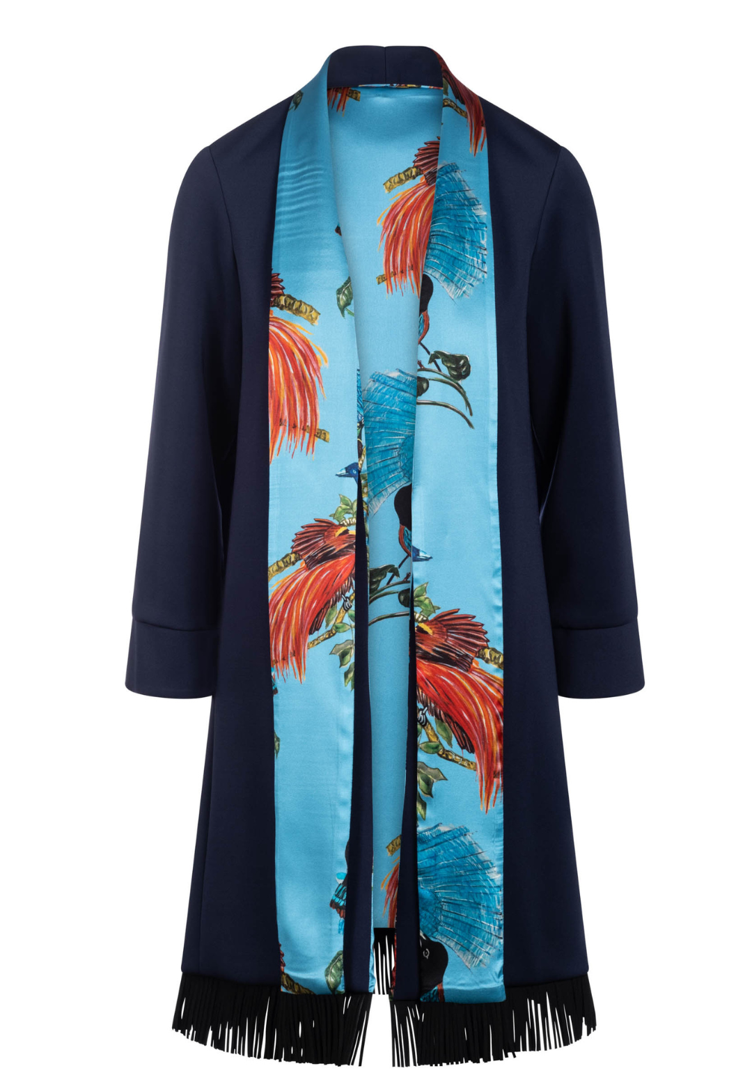 Navy silk reversible jacket by designer Ala von Auersperg for womens luxury travel clothing