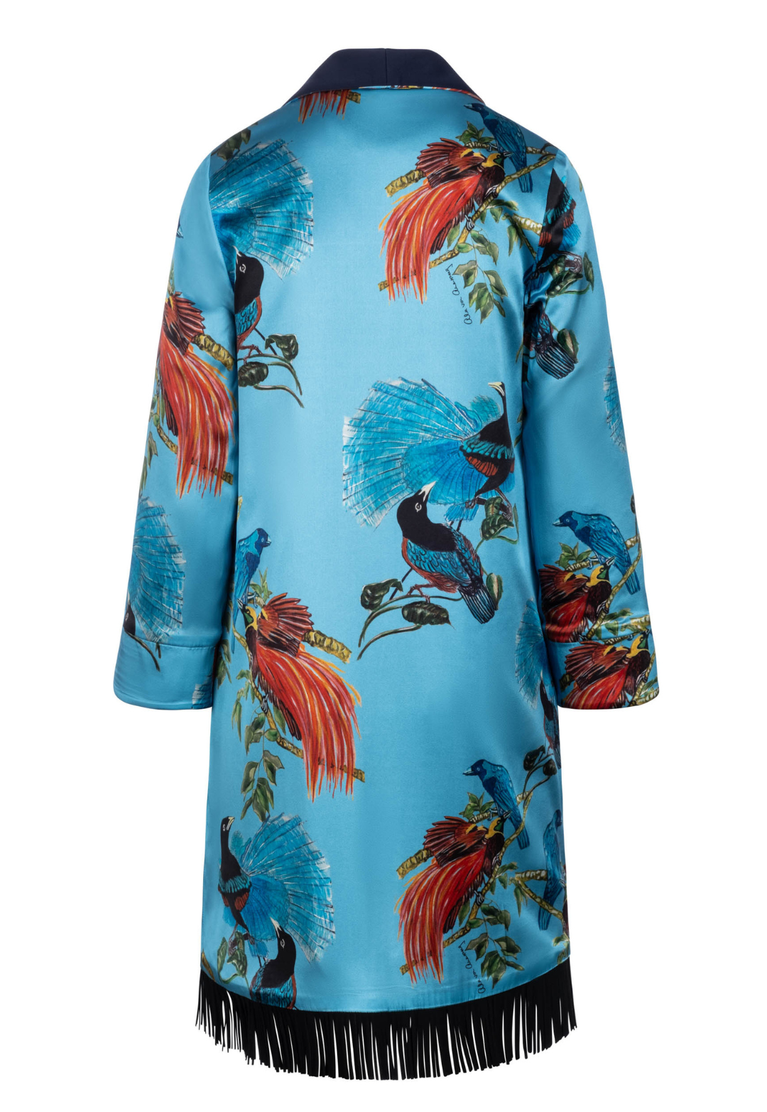 Blue silk printed reversible jacket by designer Ala von Auersperg for womens luxury travel clothing