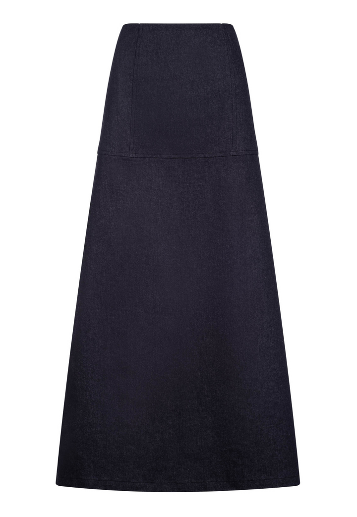 Denim skirt by designer Ala von Auersperg for womens luxury travel clothing