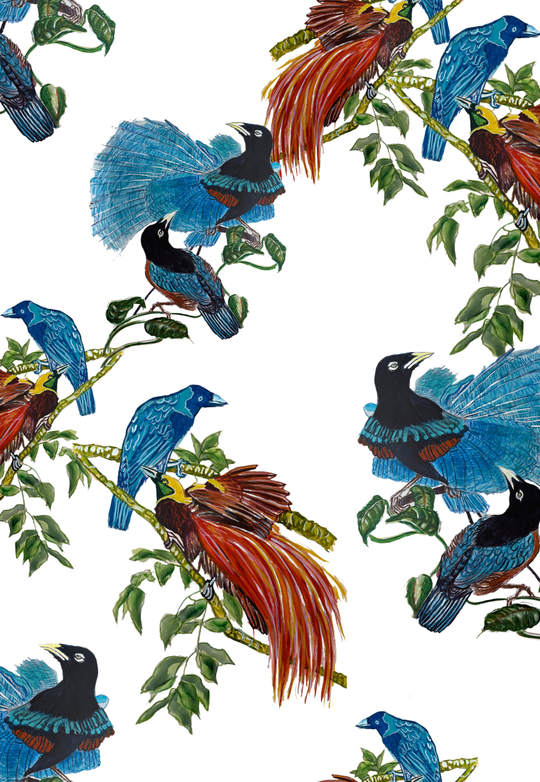 Blue tropical birds against a white background print by designer Ala von Auersperg for womens luxury travel clothing