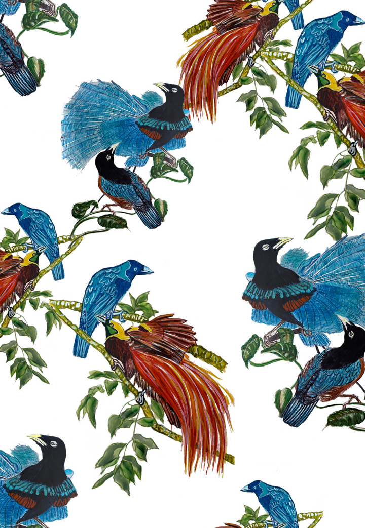Blue tropical birds against a white background print by designer Ala von Auersperg for womens luxury travel clothing