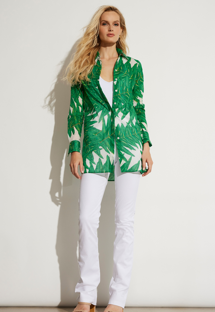 Women's green palm print cotton button-down blouse by Ala von Auersperg