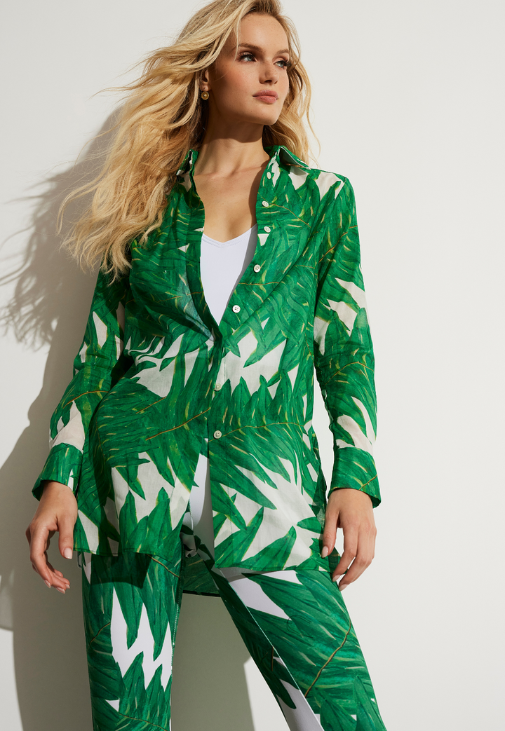 Green tropical palm leaf print cotton voile blouse