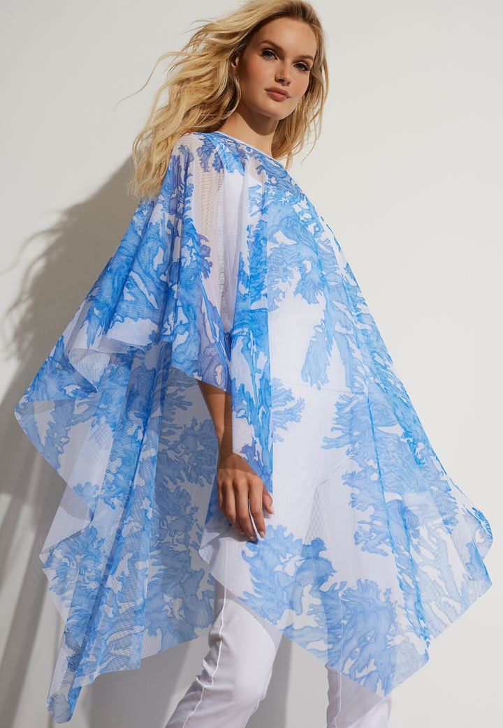 Artemisia sheer mesh poncho featuring blue and pink nautical coral artwork