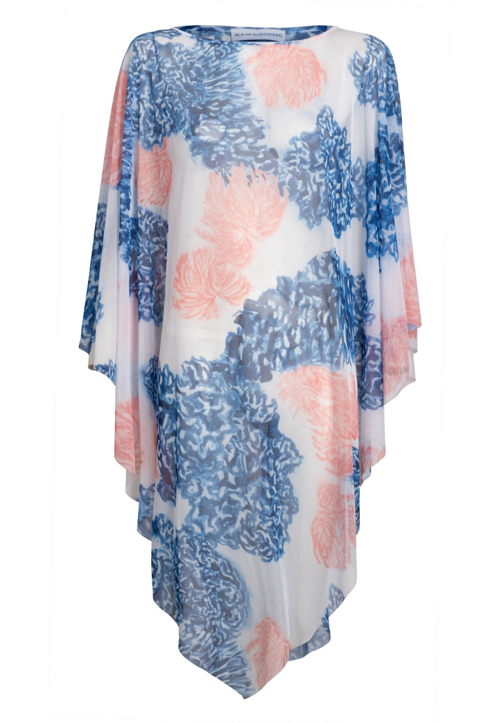 Artemisia blue and pink coral print sheer mesh poncho