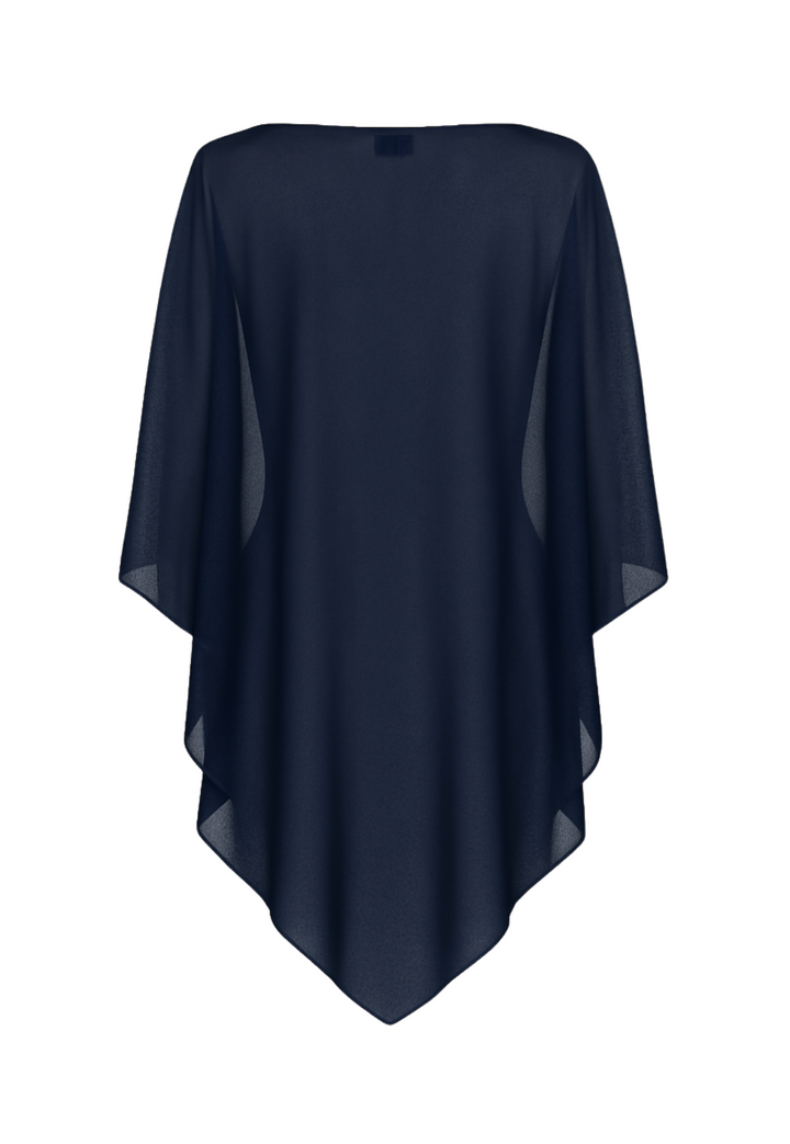 Navy sheer mesh poncho with one-shoulder silhouette back view