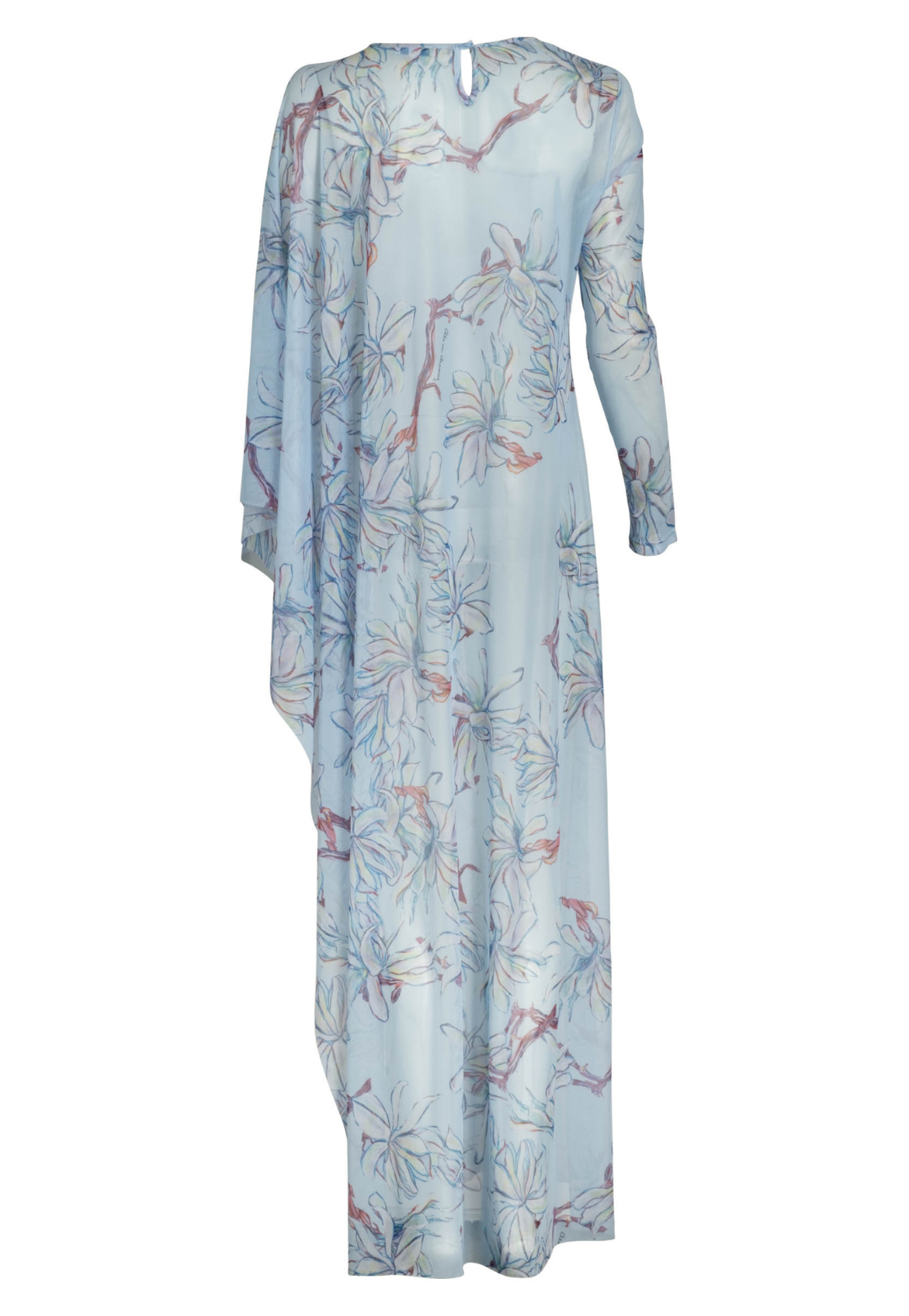 Blue floral one-sleeve sheer mesh poncho