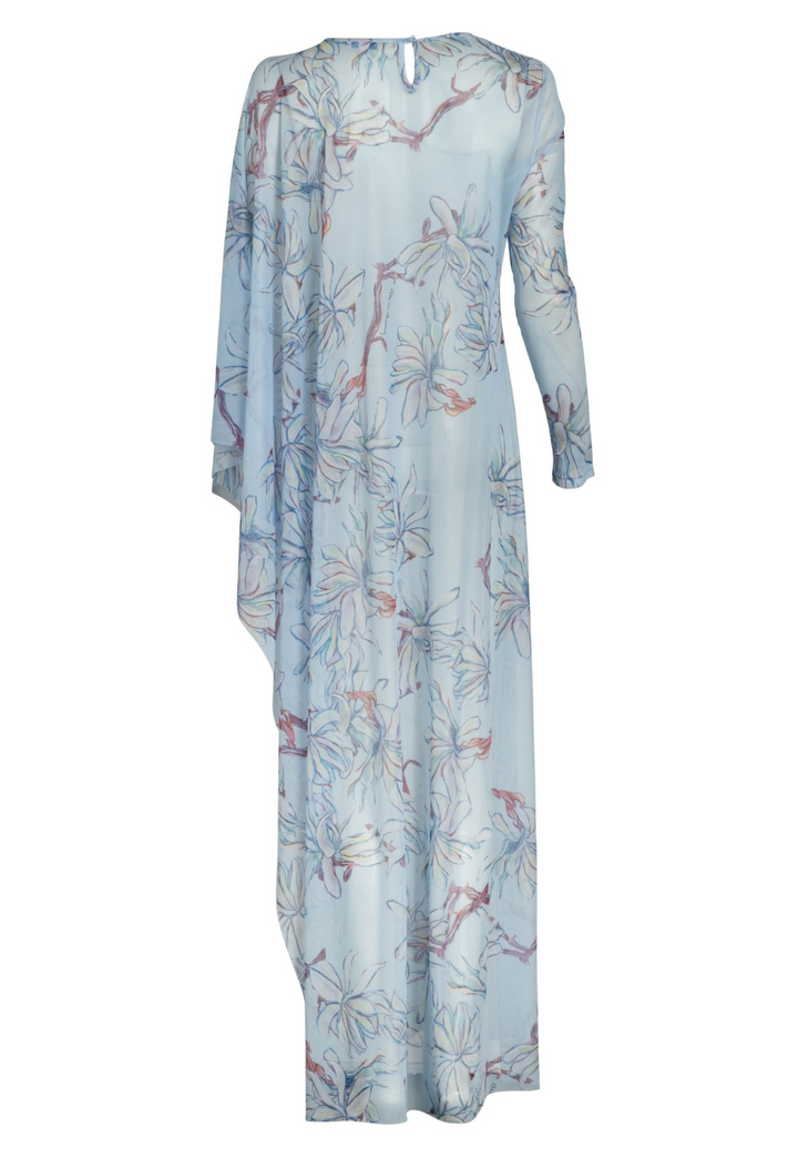 Blue floral one-sleeve sheer mesh poncho