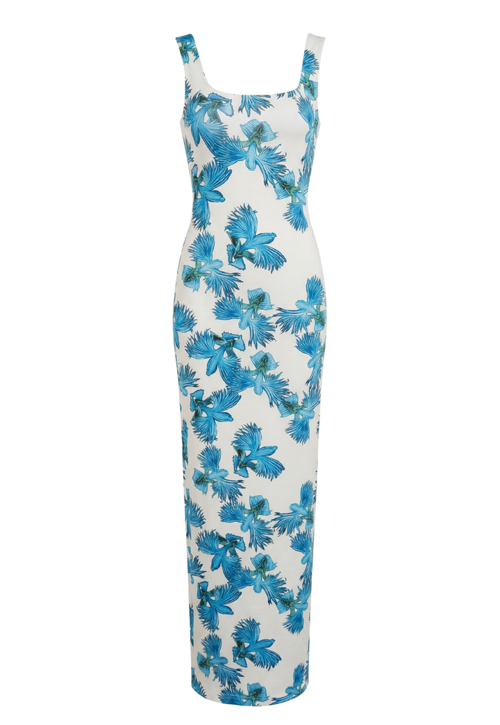 Blue floral stretch knit maxi dress by Ala von Auersperg