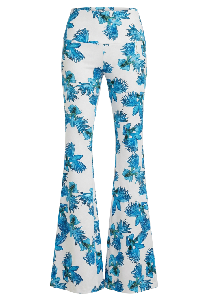 Blue Orchid stretch knit flare pants by Ala von Auersperg