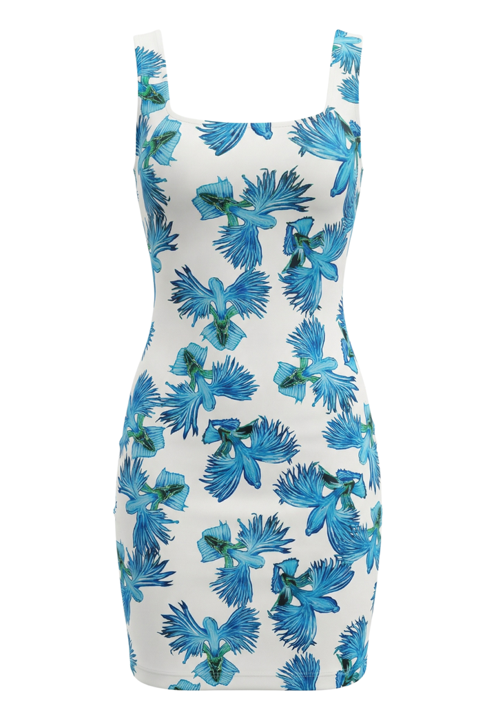 Blue Orchid floral mini dress by Ala von Auersperg