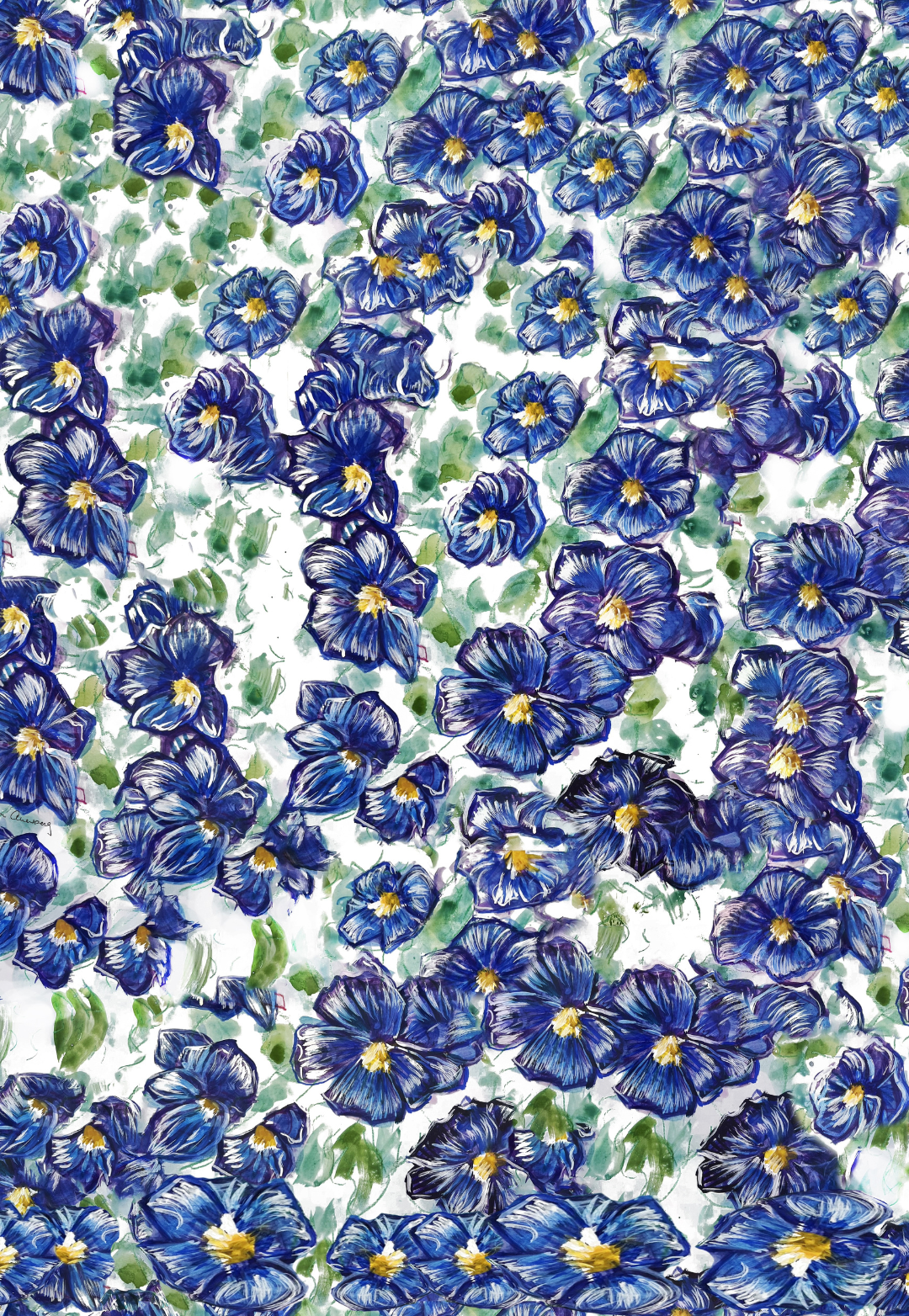 Blue Pansies floral print painted by Ala von Auersperg