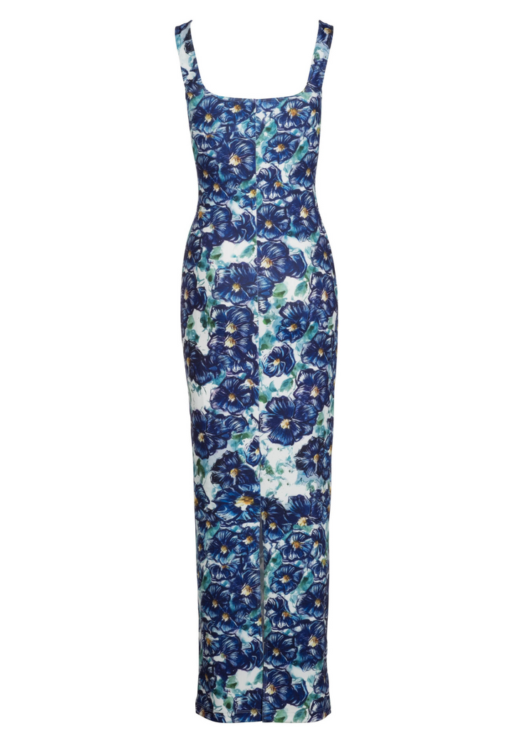 Blue Pansies long stretch knit dress by Ala von Auersperg