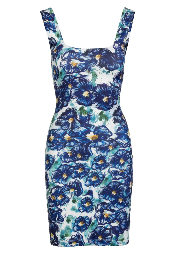 Blue Pansies stretch knit mini dress by Ala von Auersperg